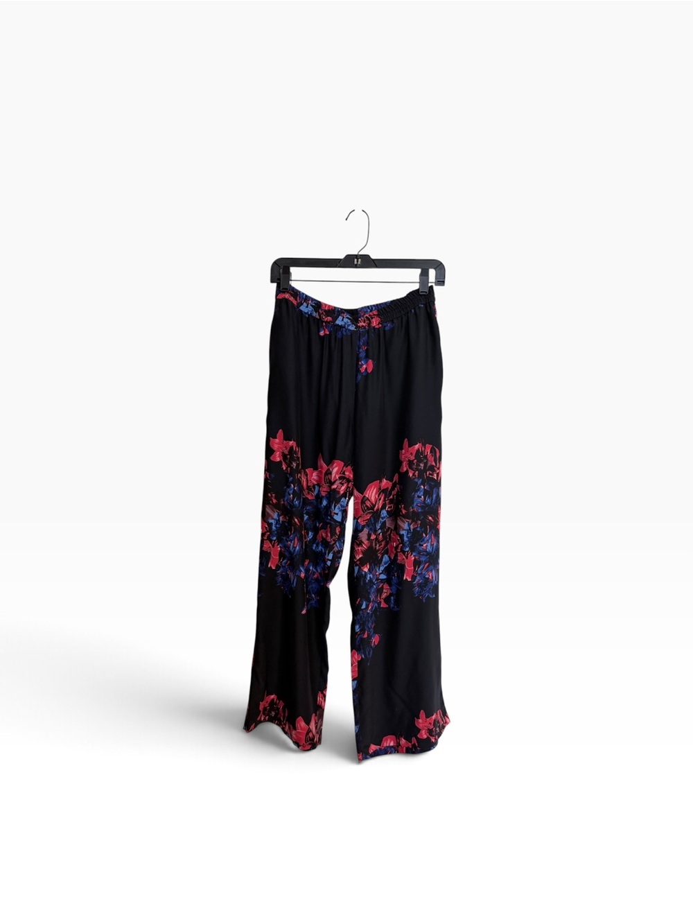 Parker 109% Silk Black Wide-Leg Pants with Red & Blue Floral Border